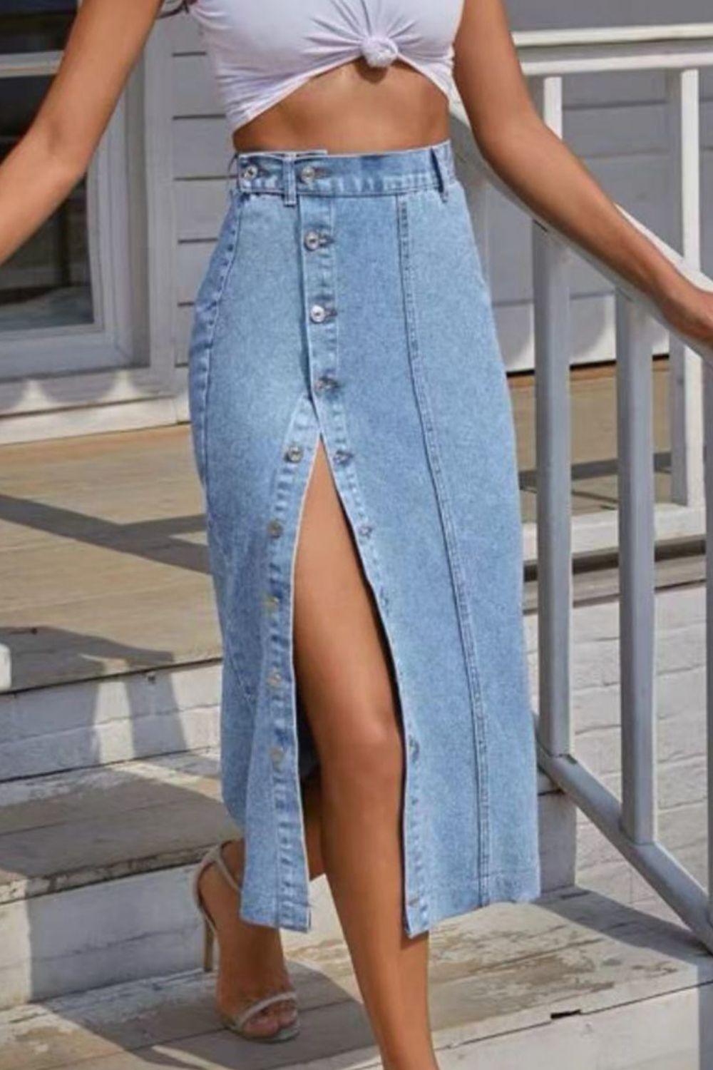 Buttoned Split Denim Skirt CaRaUaNa Fashion