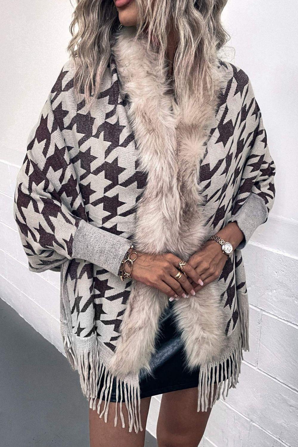 Houndstooth Fringe Hem Poncho Carauana Store