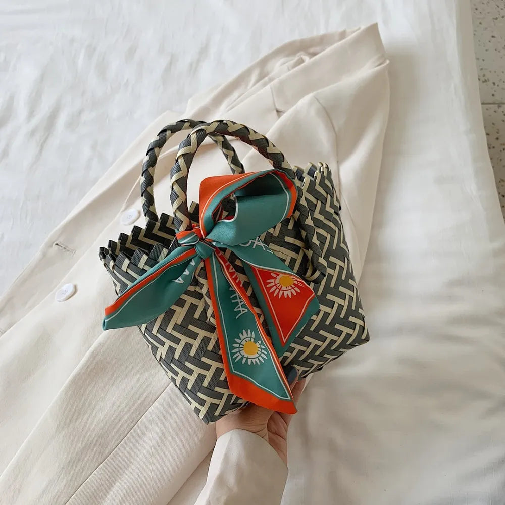 Contrast Woven Handbag with Ribbon Carauana Store