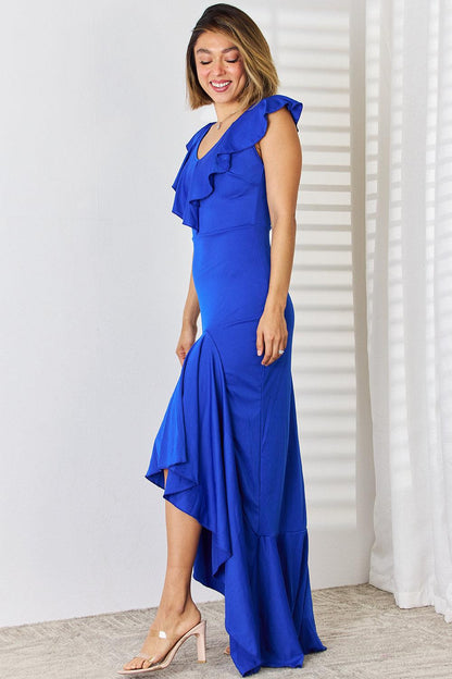 Ruffled V-Neck High-Low Dress Carauana Store