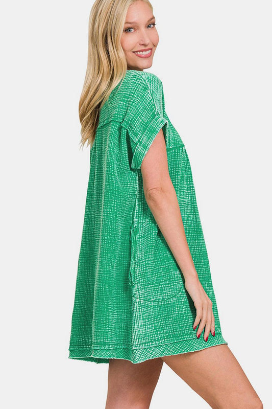Zenana Washed Notched Short Sleeve Mini Dress Carauana Store