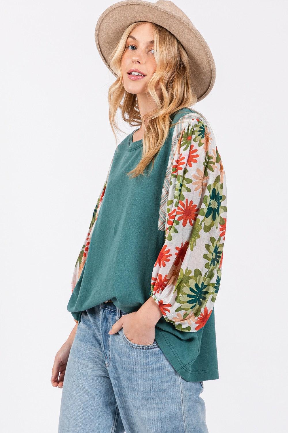 SAGE + FIG Full Size Printed Balloon Sleeve Contrast Top Carauana Store