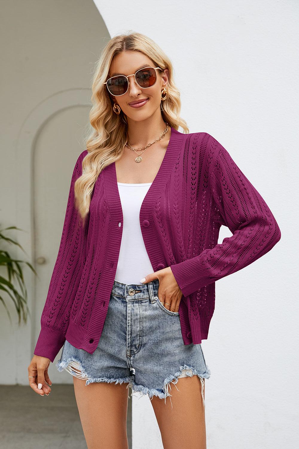 Openwork Button Front V-Neck Cardigan Carauana Store