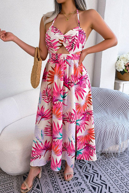 Botanical Print Tied Backless Cutout Slit Dress Carauana Store