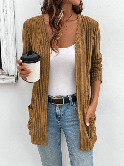 Pocketed Open Front Long Sleeve Cardigan Carauana Store