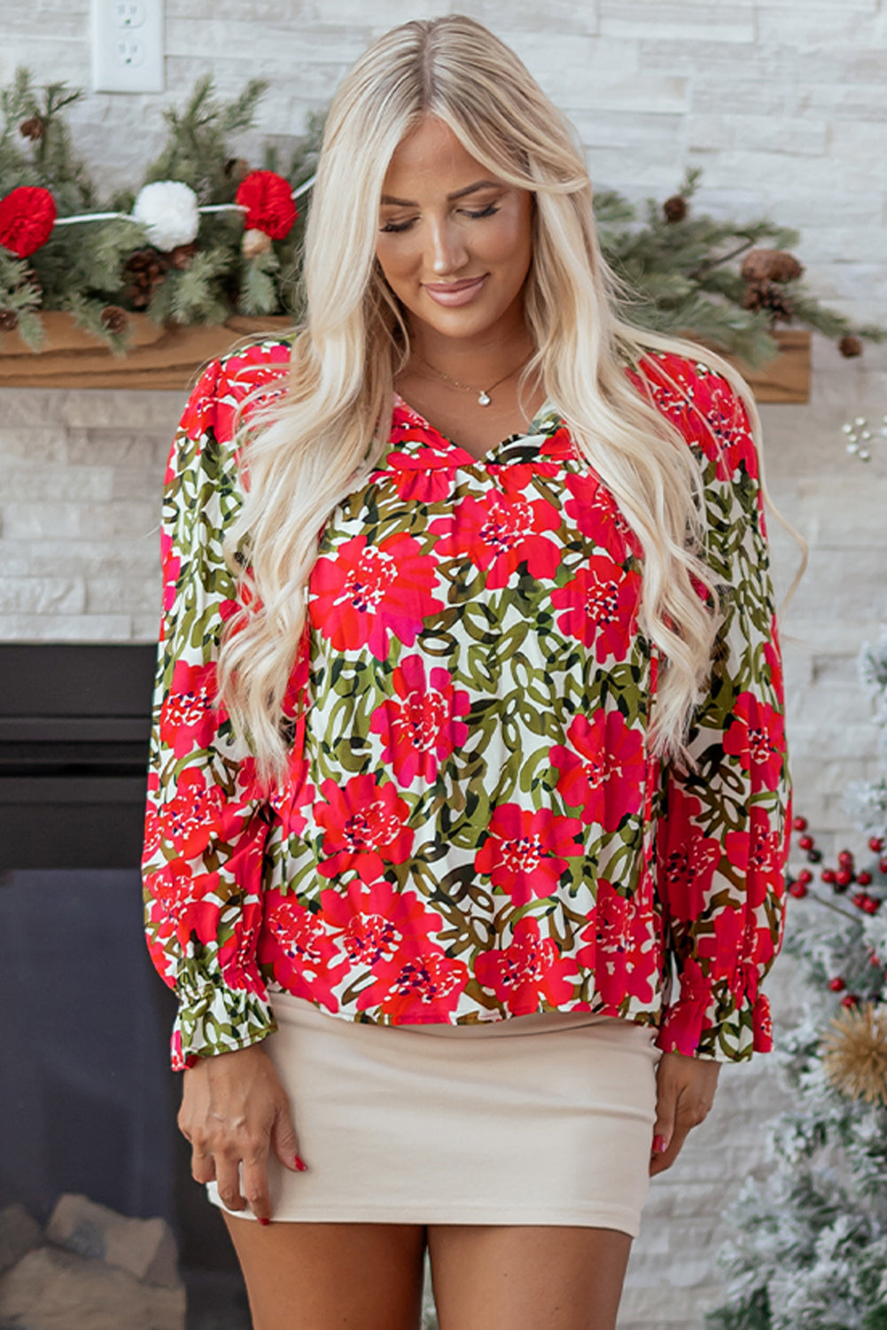 Red Floral Print Lace up V Neck Flounce Sleeve Blouse