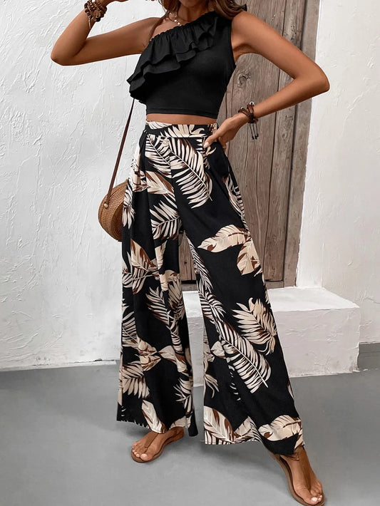 Honey Ruffled Sleeveless Top and Printed Pants Set Carauana Store