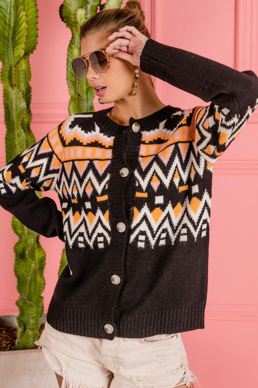 BiBi Ethnic Pattern Button Up Knit Cardigan Carauana Store