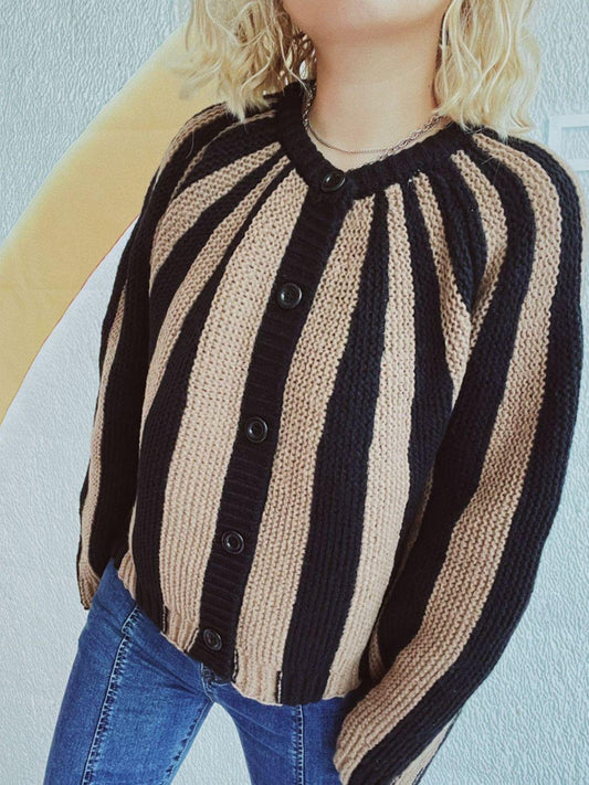 Contrast Stripes Button Down Long Sleeve Cardigan Carauana Store