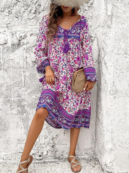 Tassel Tied Printed Long Sleeve Dress Carauana Store