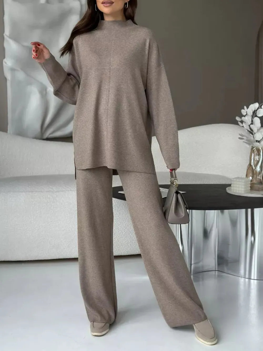 Slit Mock Neck Top and Pants Sweater Set Carauana Store