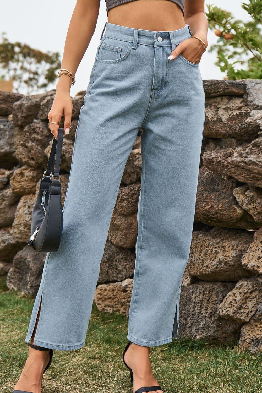 High Waist Loose Fit Ankle Slit Jeans Carauana Store