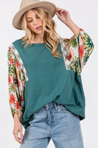 SAGE + FIG Full Size Printed Balloon Sleeve Contrast Top Carauana Store