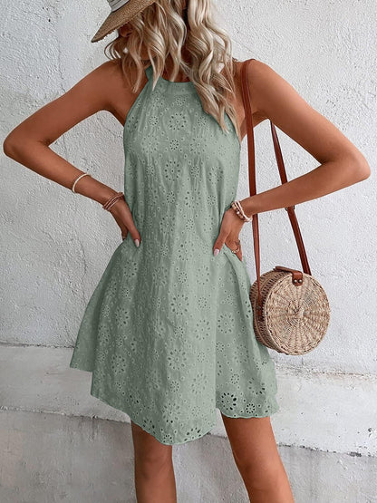 Eyelet Grecian Neck Mini Dress Carauana Store