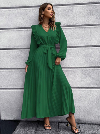 Pleated Surplice Tie Waist Maxi Dress Carauana Store