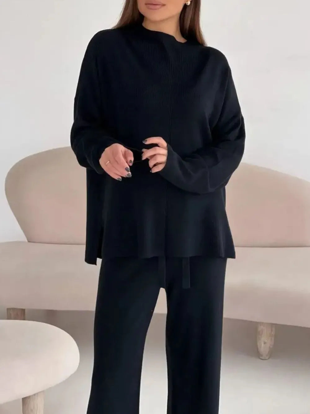 Slit Mock Neck Top and Pants Sweater Set Carauana Store