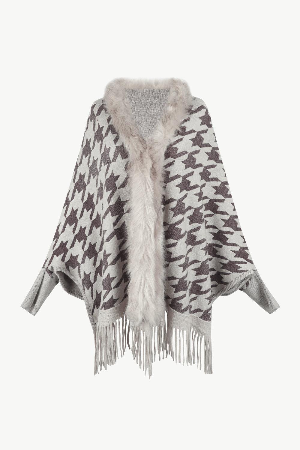 Houndstooth Fringe Hem Poncho Carauana Store