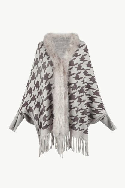 Houndstooth Fringe Hem Poncho Carauana Store
