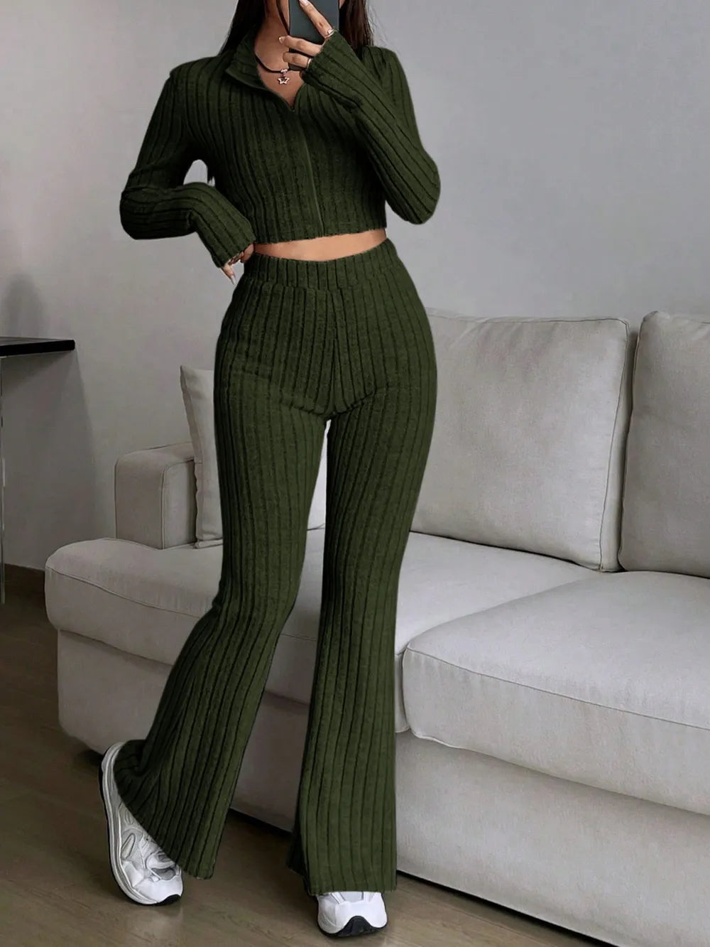 Honey Zip Up Long Sleeve Top and Pants Set Carauana Store
