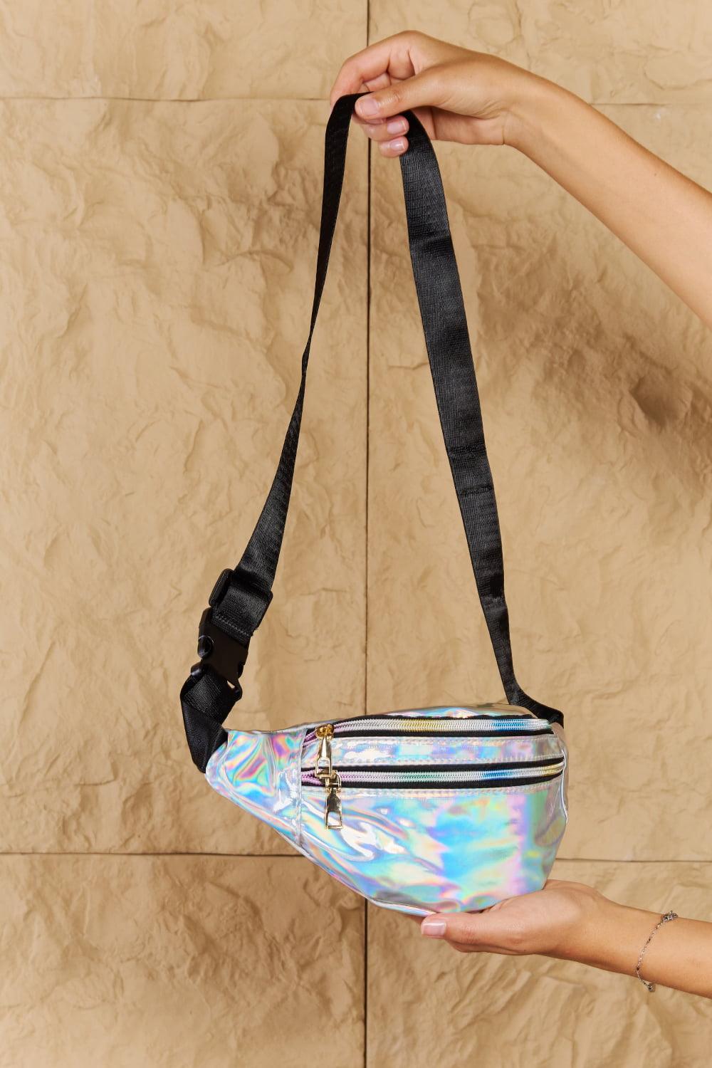 Fame Good Vibrations Holographic Double Zipper Fanny Pack in Silver Carauana Store