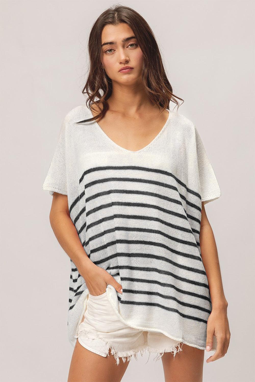 BiBi V Neck Striped Short Sleeve Top Carauana Store