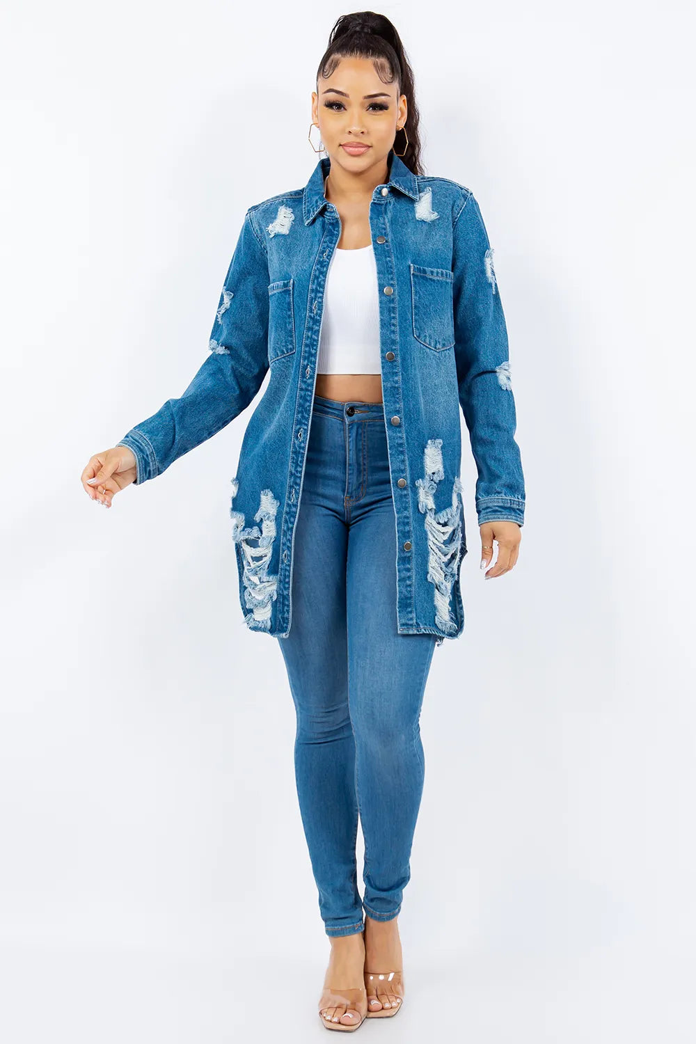 American Bazi Distressed Button Up Long Sleeve Denim Jacket Carauana Store