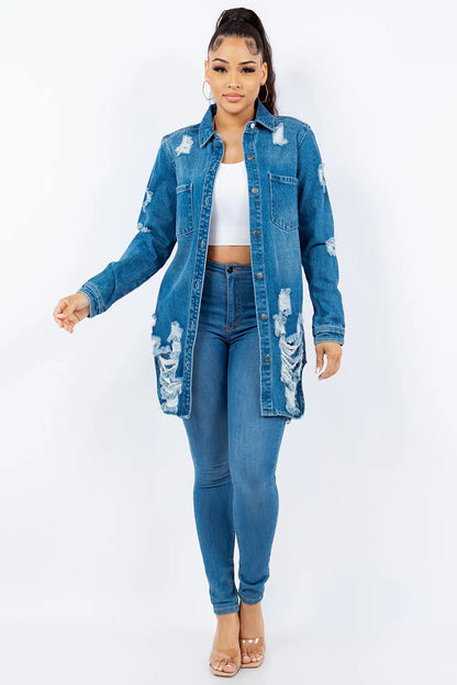 American Bazi Distressed Button Up Long Sleeve Denim Jacket Carauana Store