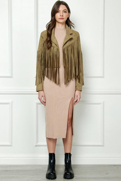 Veveret Suede Fringe Long Sleeve Moto Jacket Carauana Store