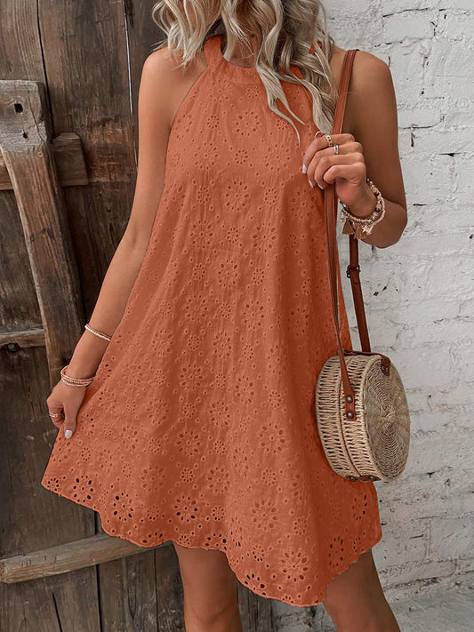 Eyelet Grecian Neck Mini Dress Carauana Store