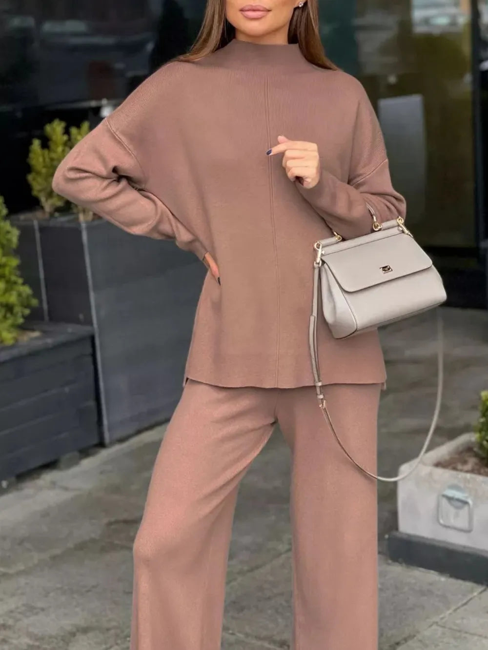 Slit Mock Neck Top and Pants Sweater Set Carauana Store
