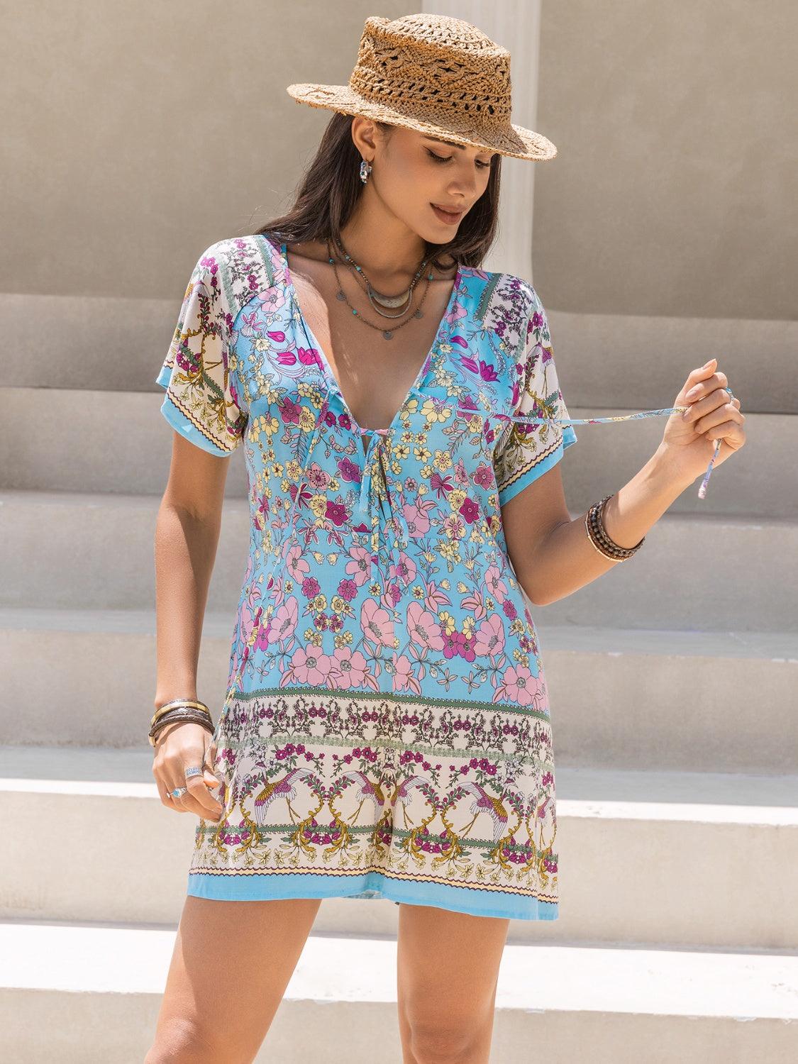 Tied Printed Short Sleeve Romper Carauana Store