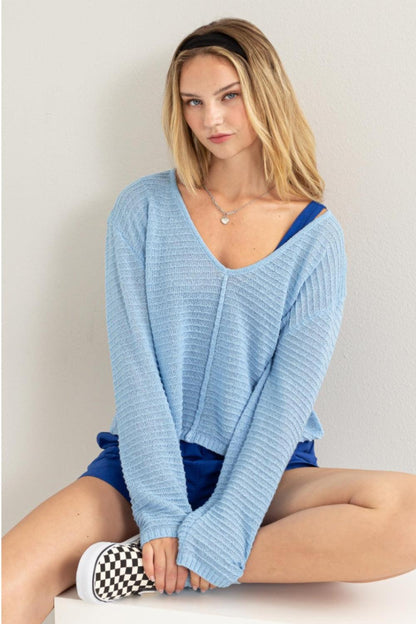 HYFVE V-Neck Stripe Texture Long Sleeve Top Carauana Store