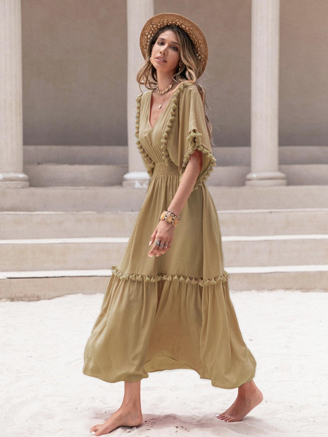 Tassel Trim Smocked V-Neck Short Sleeve Dress Carauana Store
