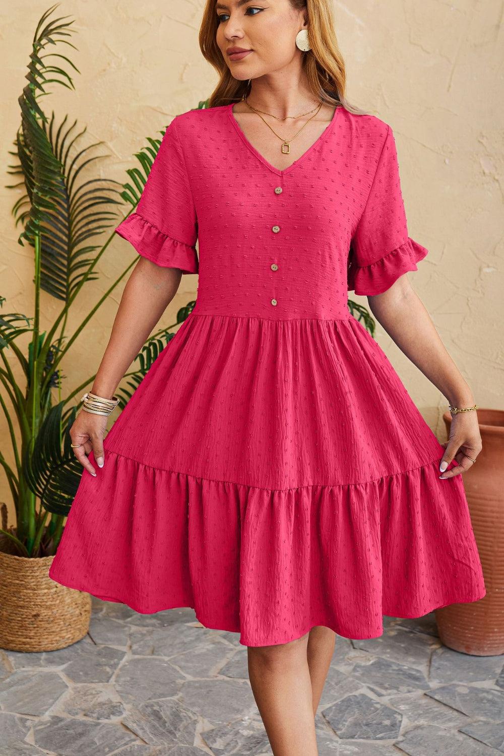 Swiss Dot Ruffled V-Neck Tiered Dress Carauana Store