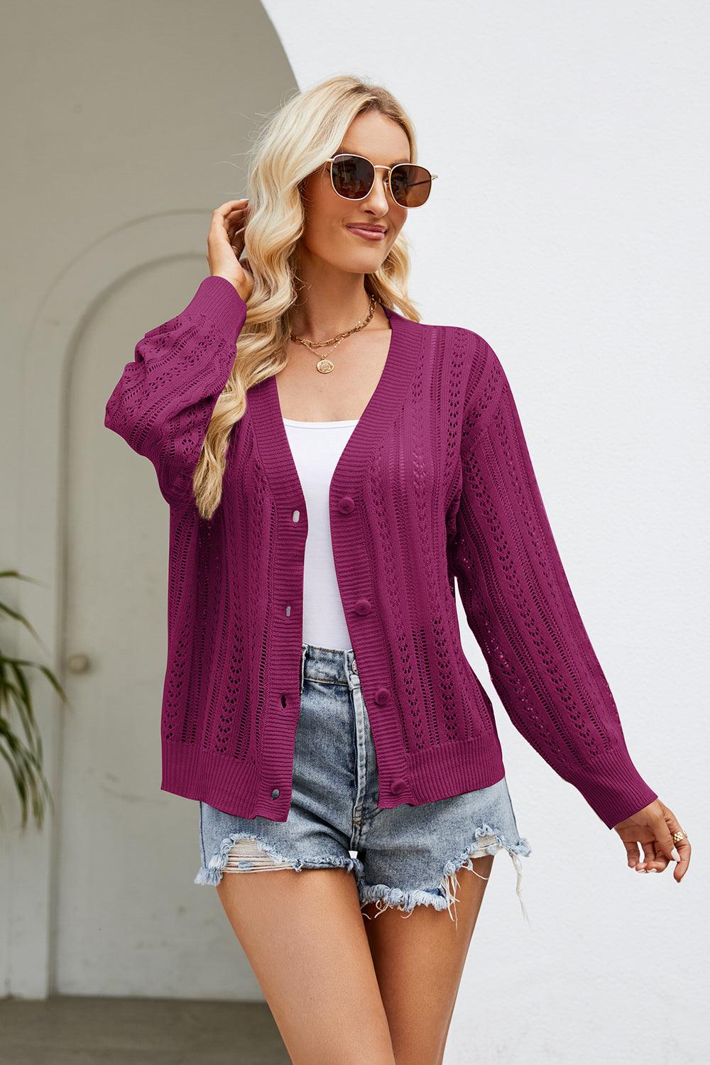Openwork Button Front V-Neck Cardigan Carauana Store