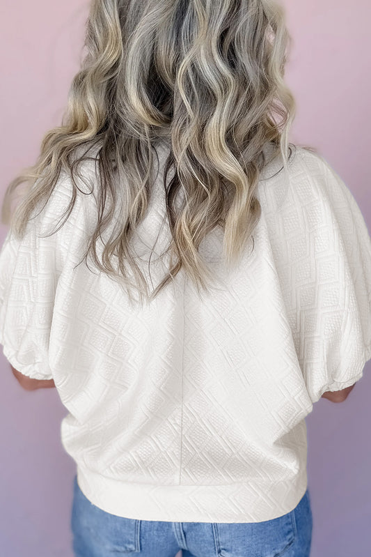 White Contrast Striped Collar Patchwork Textured Half Sleeve Blouse