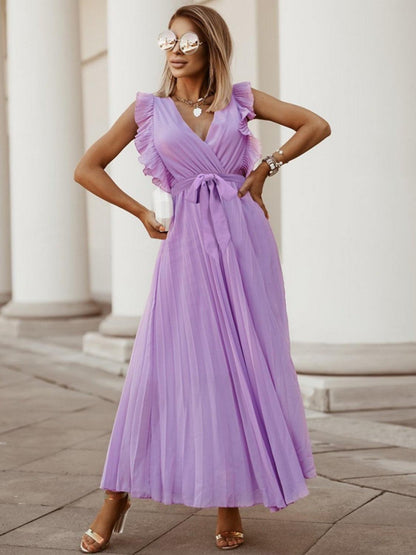 Tied Surplice Cap Sleeve Pleated Dress Carauana Store