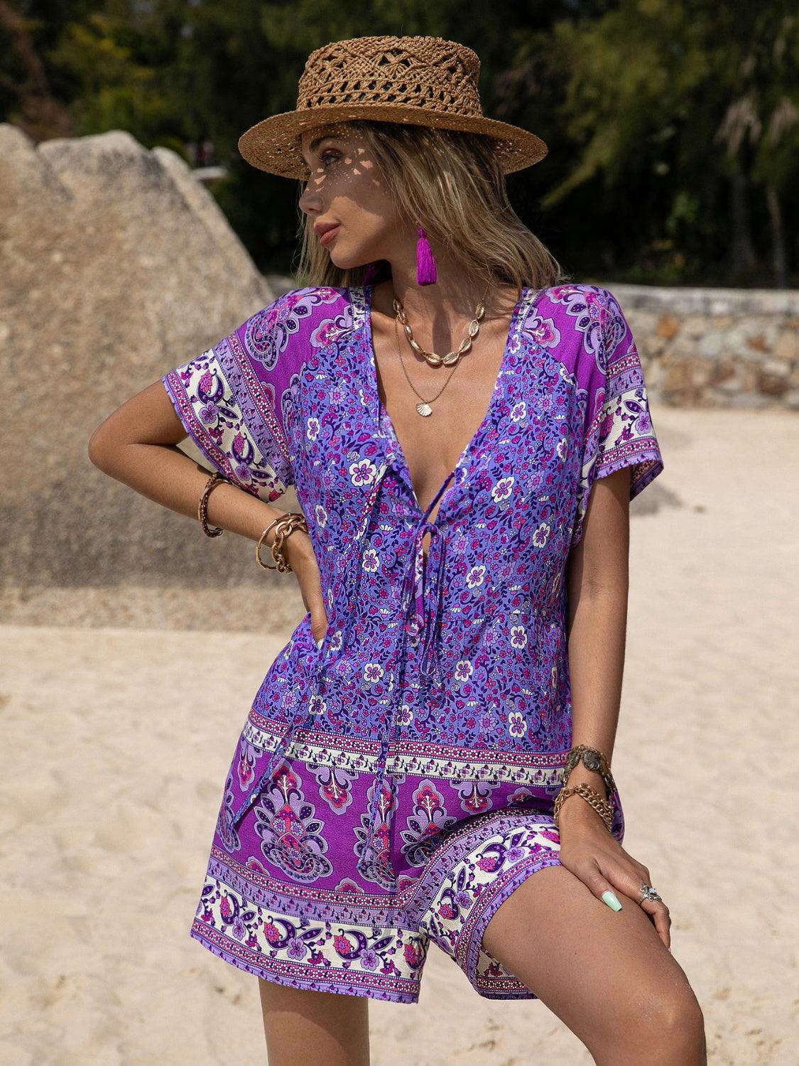 Tied Printed Short Sleeve Romper Carauana Store