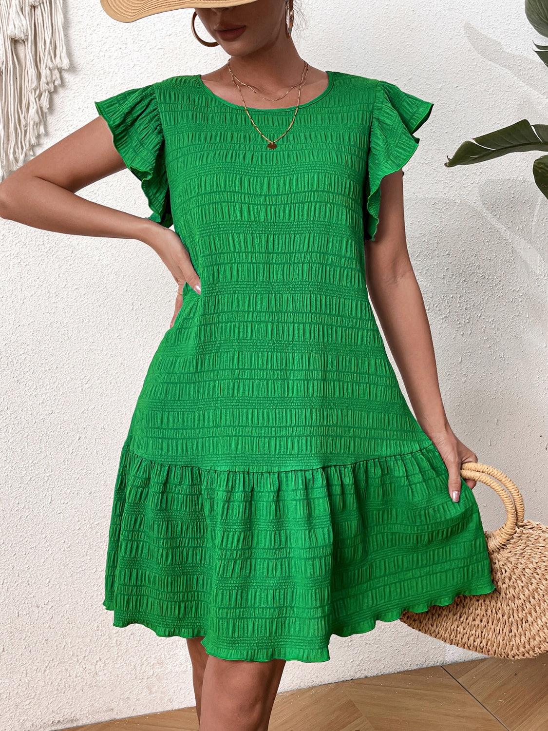 Textured Round Neck Ruffle Hem Dress Carauana Store