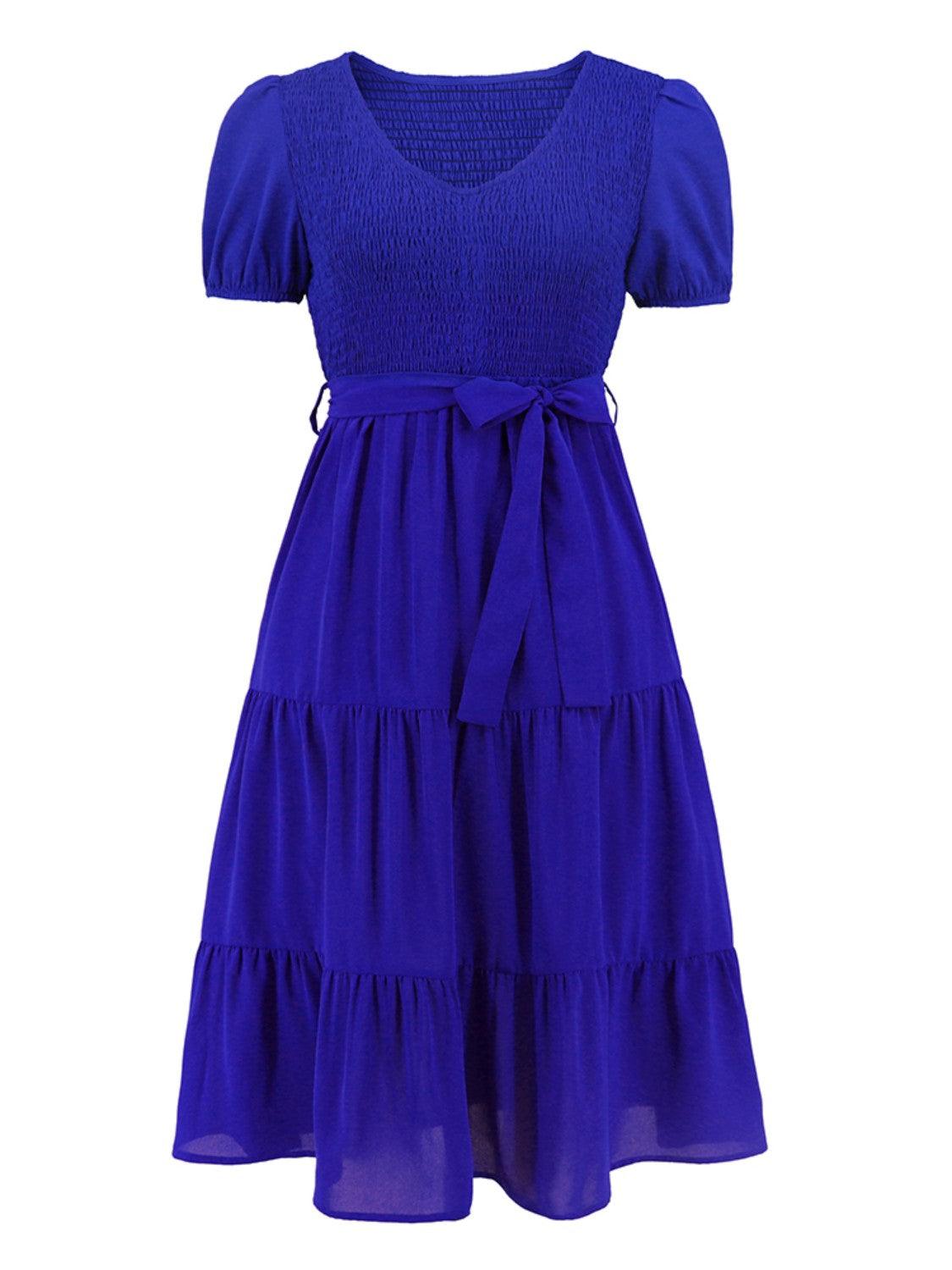 Smocked Tie Front Short Sleeve Tiered Dress Carauana Store
