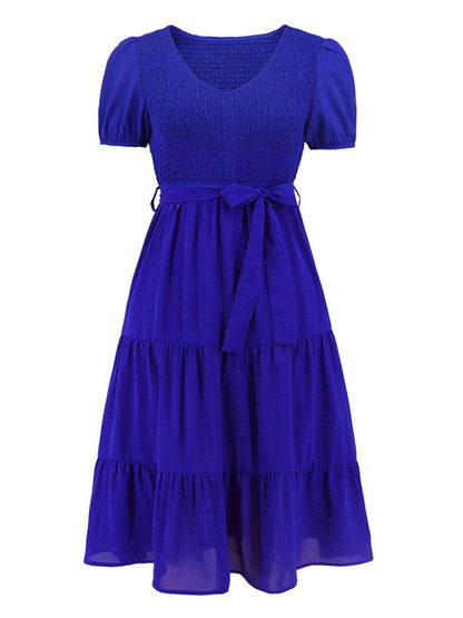 Smocked Tie Front Short Sleeve Tiered Dress Carauana Store