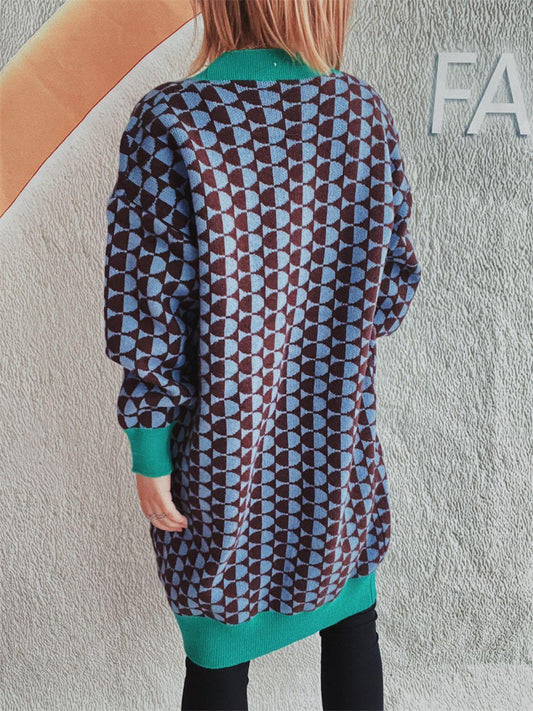 Contrast Trim Geometric Button Down Cardigan Carauana Store