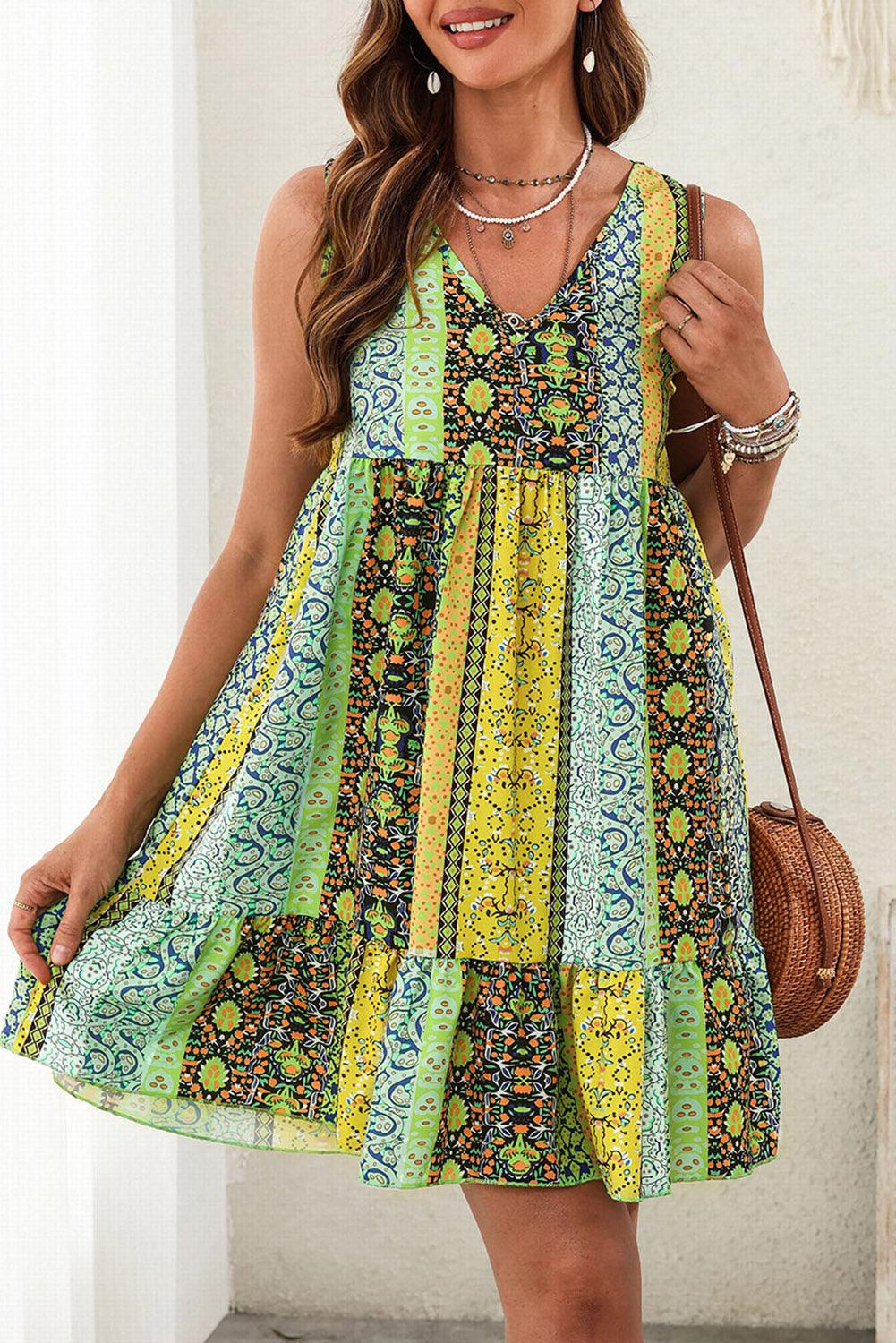 Printed V-Neck Mini Dress Carauana Store