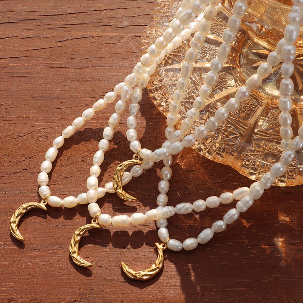 Pearl Titanium Steel Moon Shape Pendant Necklace Carauana Store