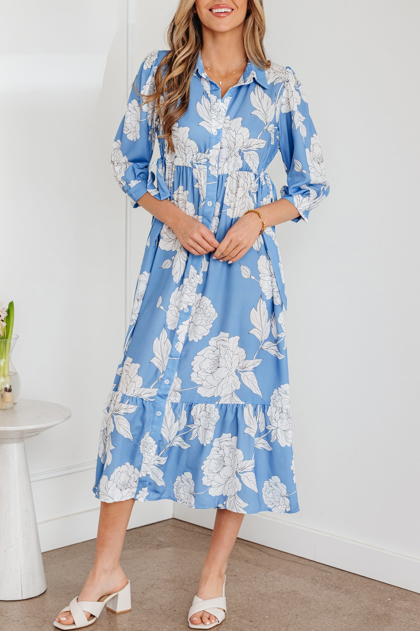 Sky Blue Floral Print Shirt Collar Button Down 3/4 Sleeve Ruffle Hem Long Dress