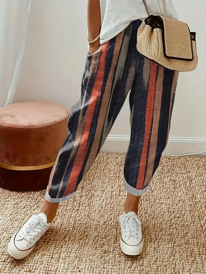 Striped Pocketed Elastic Waist Pants Carauana Store