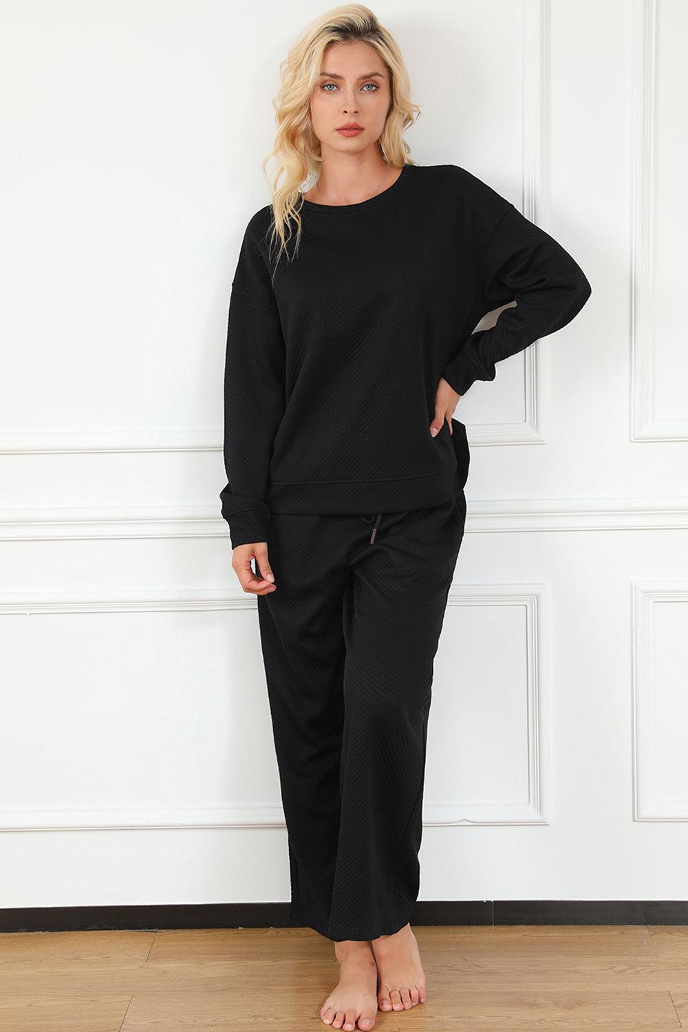 Double Take Full Size Textured Long Sleeve Top and Drawstring Pants Set Carauana Store