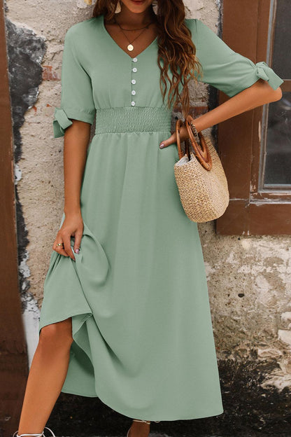 Smocked Quarter Button Short Sleeve Dress Carauana Store