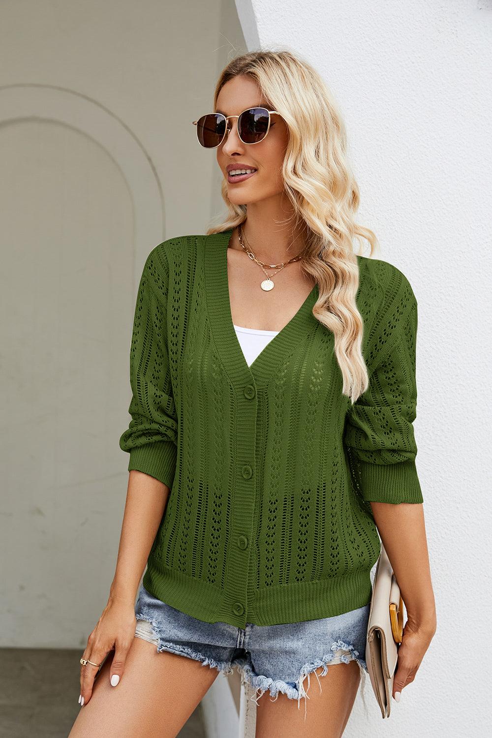 Openwork Button Front V-Neck Cardigan Carauana Store