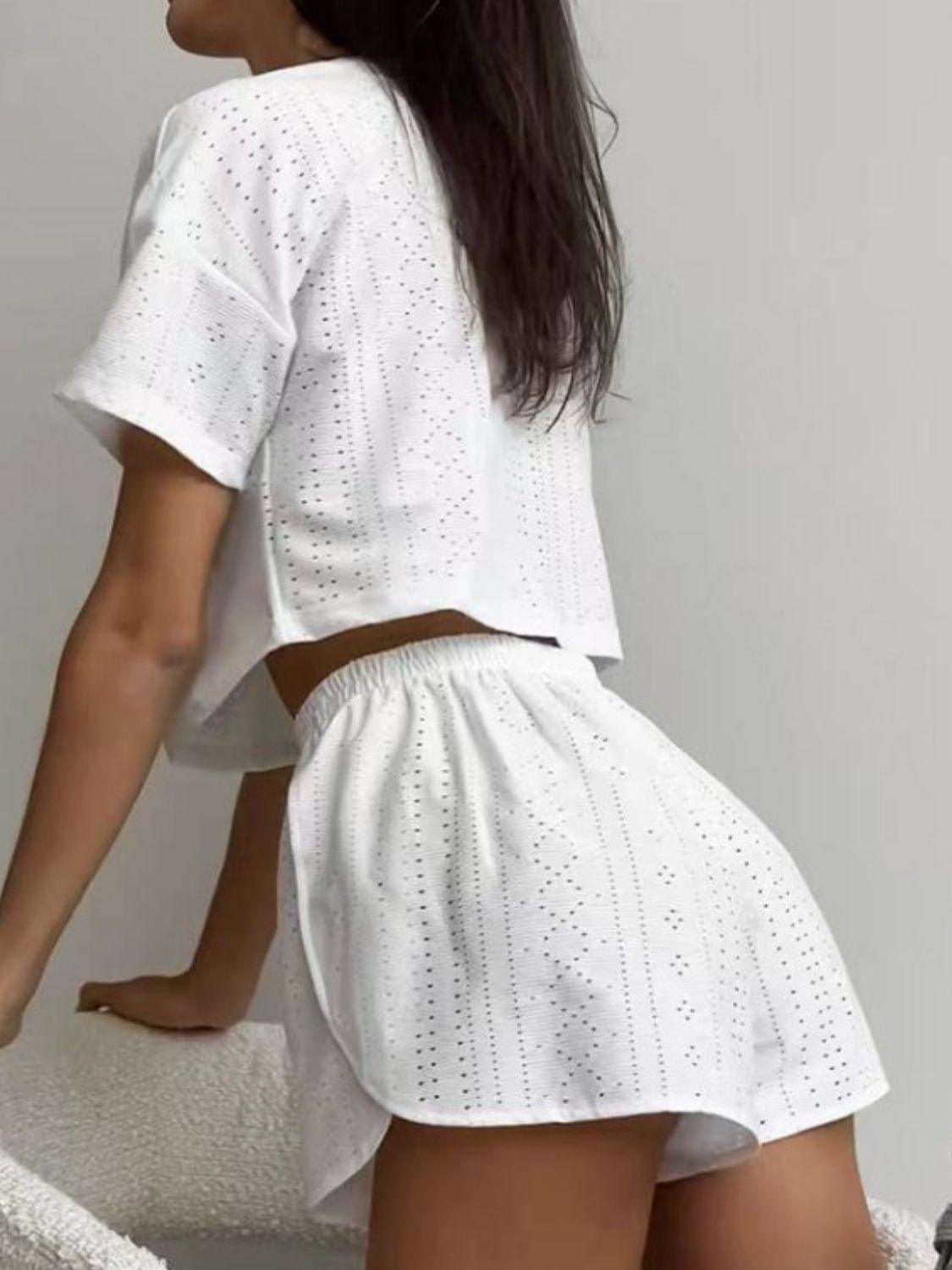 Eyelet Round Neck Top and Shorts Set Carauana Store